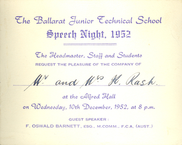 Programme and ticket, Alex King & Sons, Ballarat Junior Technical School Speech Night Programme and Ticket, 1952, 1952
