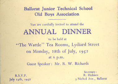 Ticket, Ballarat Junior Technical School Old Boys Association Annual Dinner Ticket, 1952, 07/1952