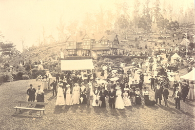 A garden party in the grounds of a large house