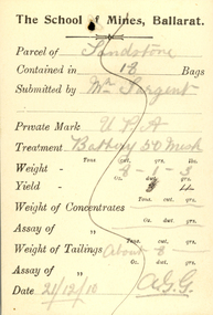 Card, Ballarat School of Mines Assay Card for Robert M. Serjeant, 21/12/1910