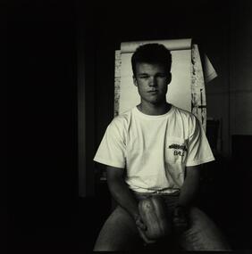Photograph - Photograph - Black and White, Boy With Pumpkin, c1990s