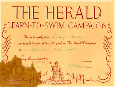 Certificate, Herald Lean-to-Swim Campaign Certificate made out to Lindsay Harley, 1947, c1947