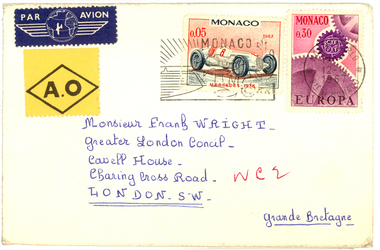 Envelope, Stamped envelope from La Scala, Monte Carlo, 1967