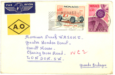 Envelope, Stamped envelope from La Scala, Monte Carlo, 1967, 1967