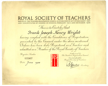 Certificate, Royal Society of Teachers Registration Certificate made out to Frank Wright, 1938