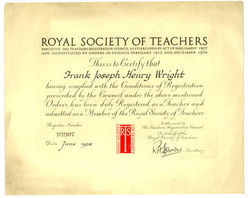 Certificate, Royal Society of Teachers Registration Certificate made out to Frank Wright, 1938, 1938