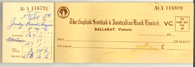 Booklet - English Scottish and Australian Bank Cheque Book, 1950s, English, Scottish & Australian Bank Ltd Cheque Book, 1950s, c1950