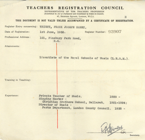 Documents, Teachers Registration Council made out to Frank Wright, 1938, 1/6/1938