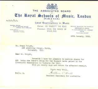 Correspondence, Royal Schools of Music, London to Frank Wright, 1932, 28 January 1932