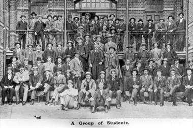 A Group of Ballarat School of Mines Students in front of the Administration Building