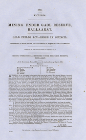 Document, Mining Under Gaol Reserve, Ballaarat, 1861, 1861