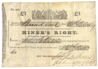 Miner's Right, Miner's Right made out to John Paterson at Pleasant Creek, 1859