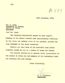 Correspondence, Letter from F.E. Ferguson to Harry Brew of the Ballarat School of Mines, 1948, 18/11/1948