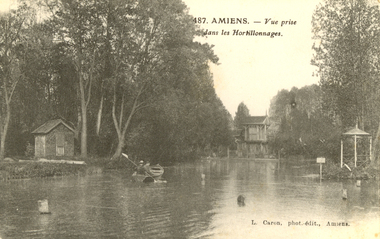 Postcard - black and white, L. Caron, Amiens - vue prise dans les Hortillonnages, c1917