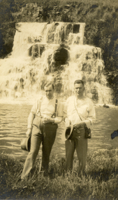 Photograph - Photograph - Black and White, Frank and Alex Wright at waterfall, 1930s?