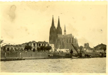 Photograph - black and white, Cologne Cathedral from the Rhine, c1950