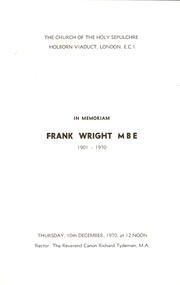 Booklet, In Memoriam Frank Wright MBE, 1970, 12/1970