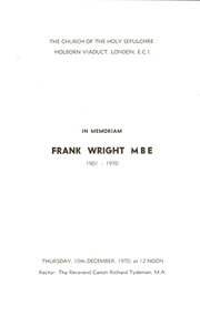 Booklet, In Memoriam Frank Wright MBE, 1970, 12/1970
