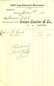 Invoice, Irvine Coulter & Co, Invoice from Irvine Colter & Co to Ballarat School of Mines Science Club, 1915, 1 June 1915