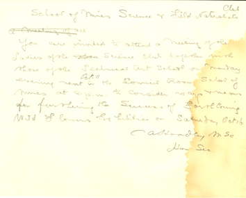 Document, Rough Correspondence concerning the Ballarat School of Mines Science and Field Naturalists Club from Charles Hoadley, 1916, 1915