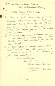 Document, Document From Ballarat School of Mines Science and Field Naturalists Club regarding Wild Flower Show, 1915, 1915