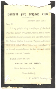 Document, Ballarat Fire Brigade Club mourning notification, 1903, 16/11/1903