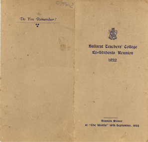 Programme, Ballarat Teachers' College Ex-Students Reunion Menu, 1932