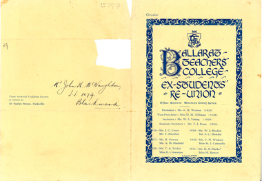 Programme, Ballarat Teacher's College Ex-Students' Reunion 1937, 1937