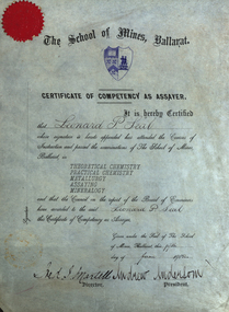 Certificate, Ballarat School of Mines, Ballarat School of Mines Certificate of Competency as Assayer, 1902, 05/06/1902