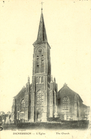 Postcard - black and white, Church at Dickebusch, c1916