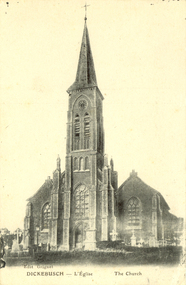 Postcard - black and white, Church at Dickebusch, c1916, c1916