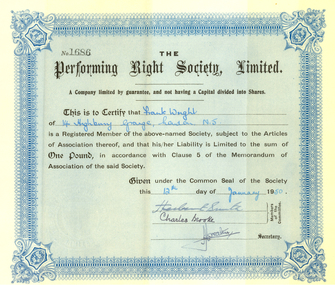 Correspondence, The Performing Right Society, Ltd, Performing Right Society Ltd to Frank Wright, 1950, 12/1/1950