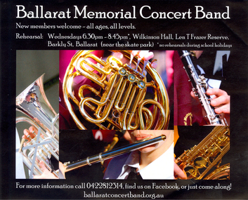 Flyer, Ballarat Memorial Concert Band Flyer, 2014, 2014