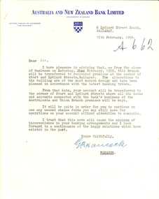 Correspondence, G.R. Hancock, Correspondence relating to the modernisation of the ANZ bank, Lydiard Street, Ballarat, 1958, 17/02/1958