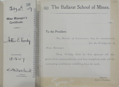 Book - Stubb book, Ballarat School of Mines Certificate of Mine Manager Stubb Book, 1905-1937, 1905 -1937