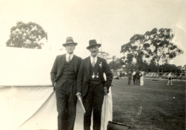 Photograph - Black and White, Frank Wright and friend at a sporting event, 1930's?