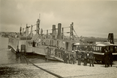 Photograph - Black and White, St. Hilda's Bus and band members boarding the Torpoint Ferry, on the River Tamar, 1934