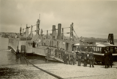 Photograph - Photograph - Black and White, St. Hilda's Bus and band members boarding the Torpoint Ferry, on the River Tamar, 1934