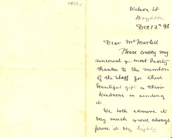 Letter - Correspondence, Thomas Stephen Hart, Correspondence from Thomas Hart to Frederick Martell, 1898, 1898
