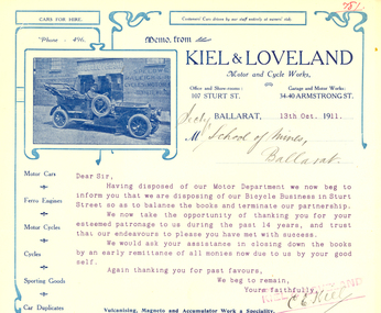 Letter - Document, C.E. Kiel, Kiel and Loveland Motor and Cycle works Letterhead, 1911, 13/10/1911