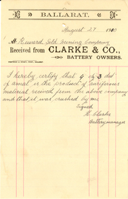 Document, Wightwick and Wright, Clarke & Co. Battery Owners Invoice, 1910