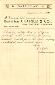 Ephemera - Document, Wightwick and Wright, Clarke & Co. Battery Owners Invoice, 1910