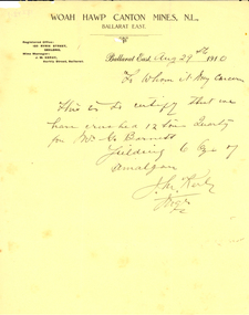 Letter - Document, Woah Hawp Canton Mines correspondence, 1910
