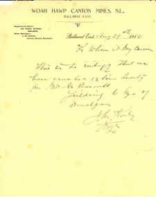 Letter - Document, Woah Hawp Canton Mines correspondence, 1910, 1910