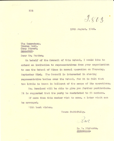 Correspondence, R. W. (Dick) Richards, Ballarat School of Mines invites Members of the Ballarat Trades Hall to Inspect the School, 1948, 19/08/1948
