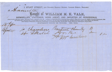 Document, Invoice from William M.K. Vale to the Ballarat School of of Mines, 1874