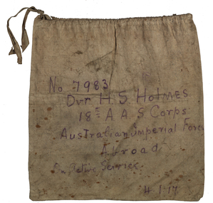 Object, World War One Calico Bag Belonging to Driver H.S. Holmes (7983). Harry and was from the Ascot, Victoria. He enlisted with others from the Ascot district including his cousin, Gordon Spittle, and other school mates, 1917