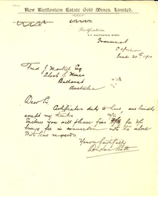 Letter, Douglas Scott, New Rietfontontein Estate Gold Mines Limited Correspondence and Letterhead, 1910, 20/06/1910