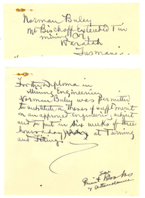 Document, Document relating to Norman Buley of the Ballarat School of Mines, 1908, 1908