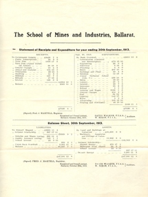 Document, Ballarat School of Mines Statement of Receipts and Expenditure, 1913, 1913